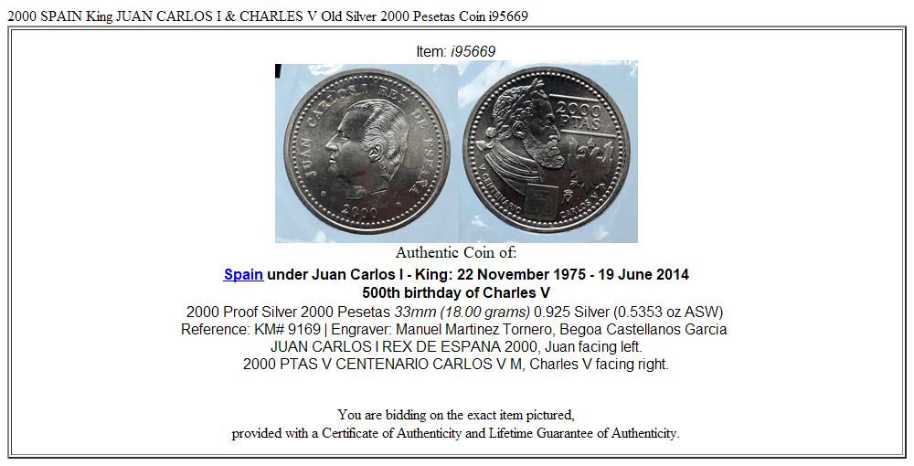 2000 SPAIN King JUAN CARLOS I & CHARLES V Old Silver 2000 Pesetas Coin i95669