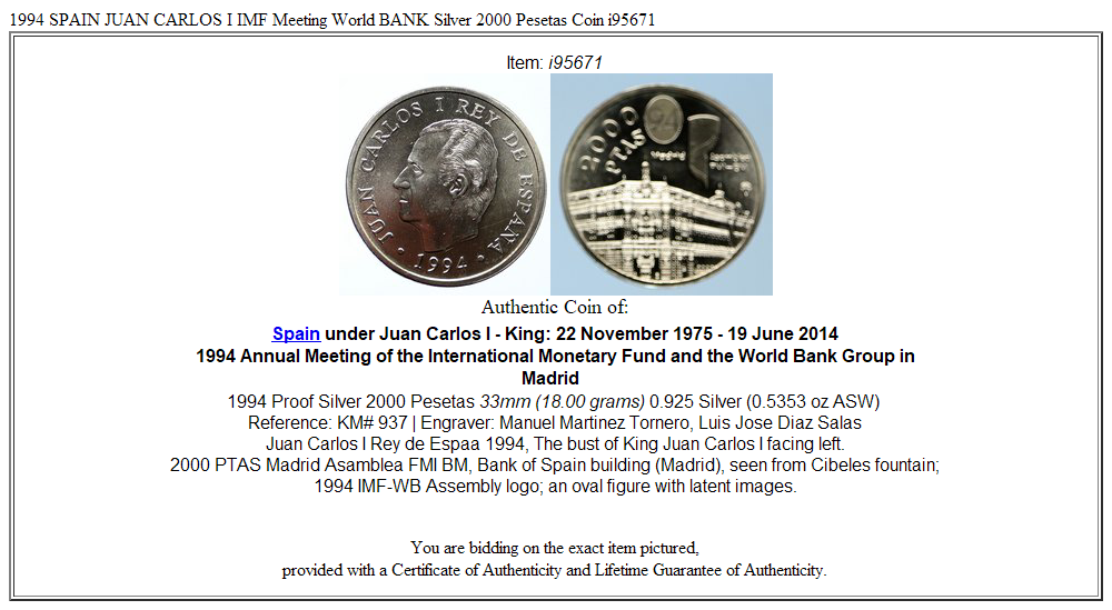 1994 SPAIN JUAN CARLOS I IMF Meeting World BANK Silver 2000 Pesetas Coin i95671