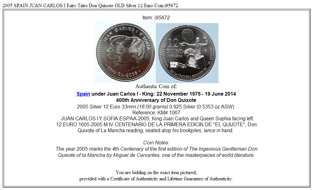 2005 SPAIN JUAN CARLOS I Fairy Tales Don Quixote OLD Silver 12 Euro Coin i95672