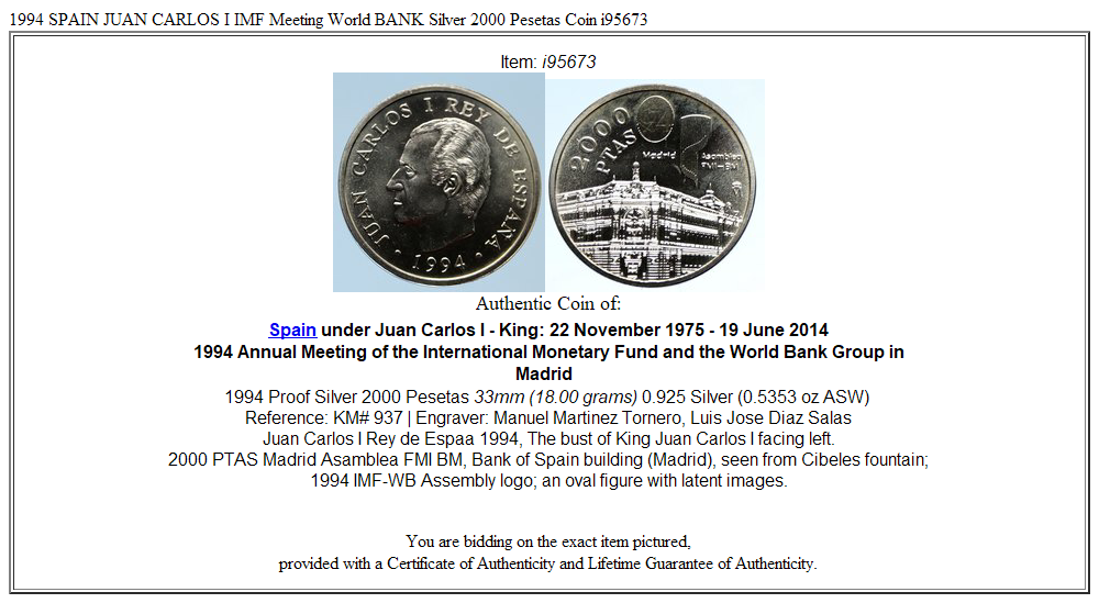 1994 SPAIN JUAN CARLOS I IMF Meeting World BANK Silver 2000 Pesetas Coin i95673