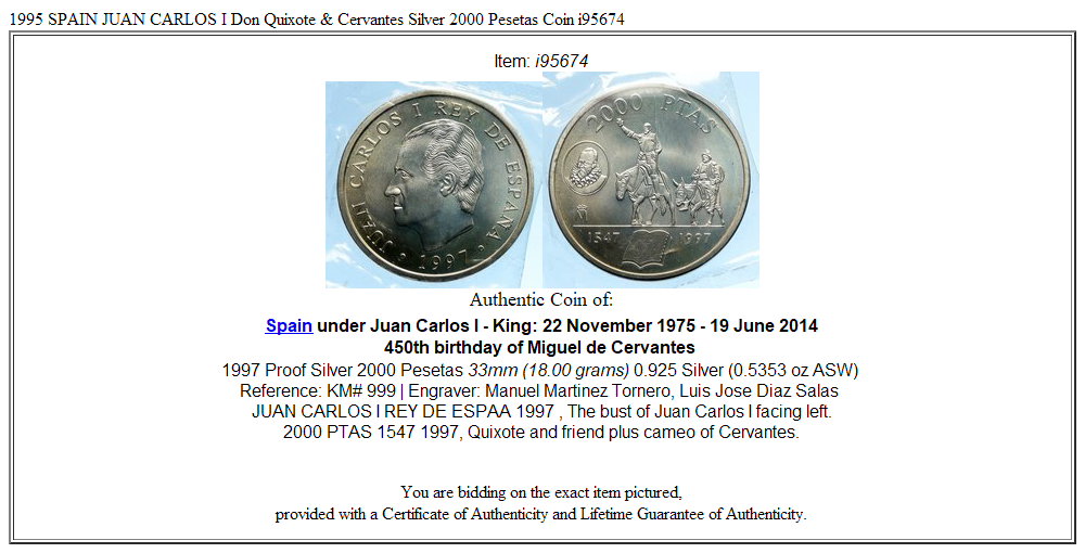 1995 SPAIN JUAN CARLOS I Don Quixote & Cervantes Silver 2000 Pesetas Coin i95674