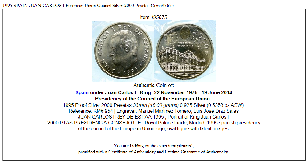 1995 SPAIN JUAN CARLOS I European Union Council Silver 2000 Pesetas Coin i95675