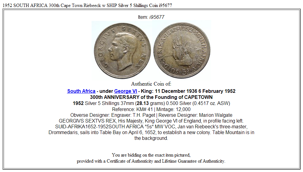 1952 SOUTH AFRICA 300th Cape Town Riebeeck w SHIP Silver 5 Shillings Coin i95677