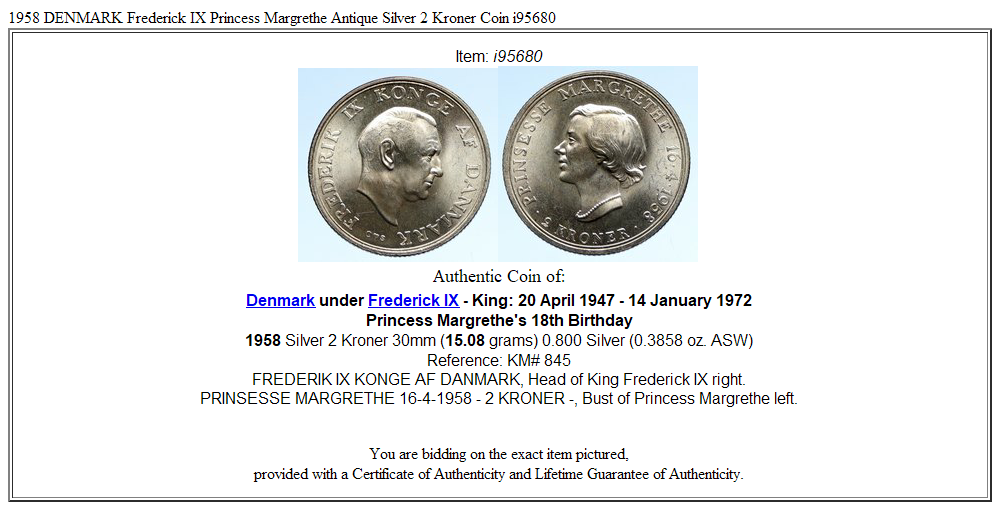 1958 DENMARK Frederick IX Princess Margrethe Antique Silver 2 Kroner Coin i95680