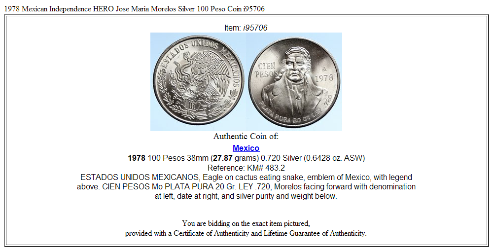 1978 Mexican Independence HERO Jose Maria Morelos Silver 100 Peso Coin i95706