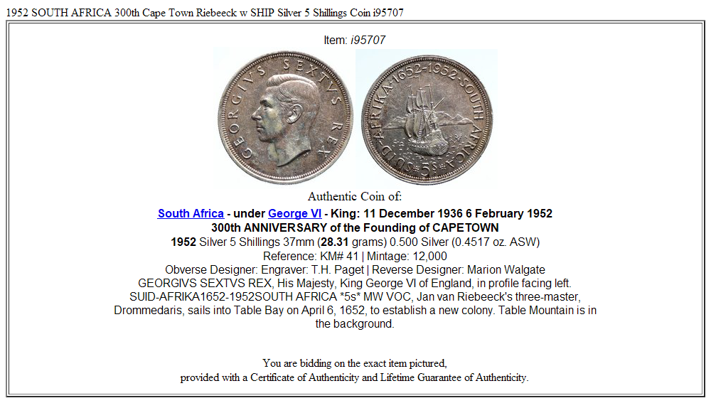 1952 SOUTH AFRICA 300th Cape Town Riebeeck w SHIP Silver 5 Shillings Coin i95707