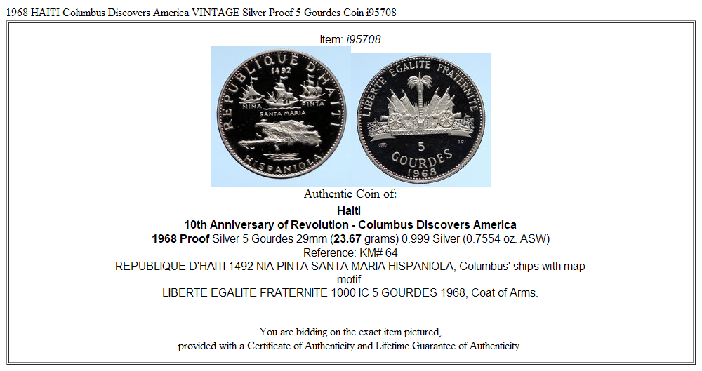 1968 HAITI Columbus Discovers America VINTAGE Silver Proof 5 Gourdes Coin i95708