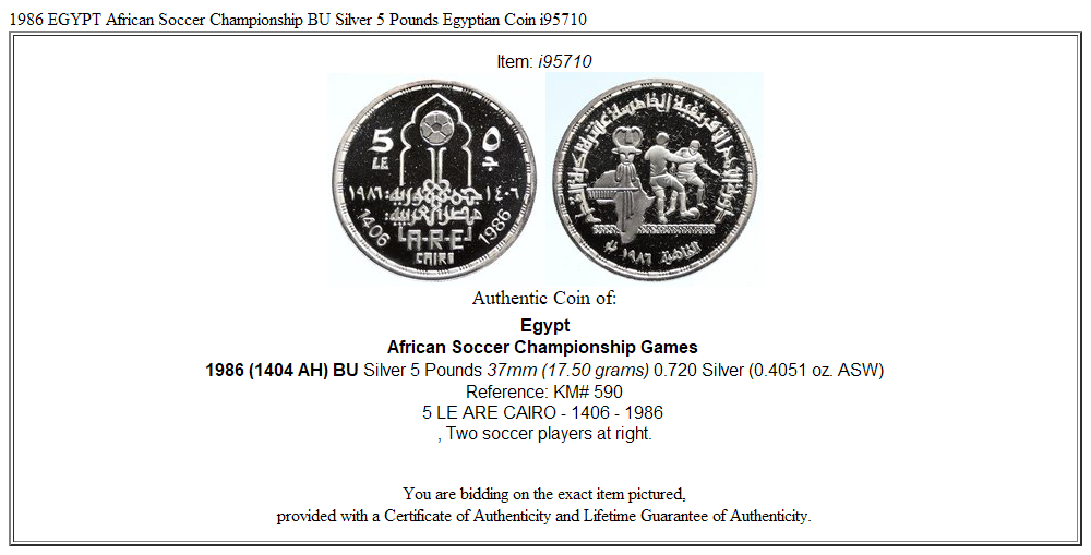 1986 EGYPT African Soccer Championship BU Silver 5 Pounds Egyptian Coin i95710