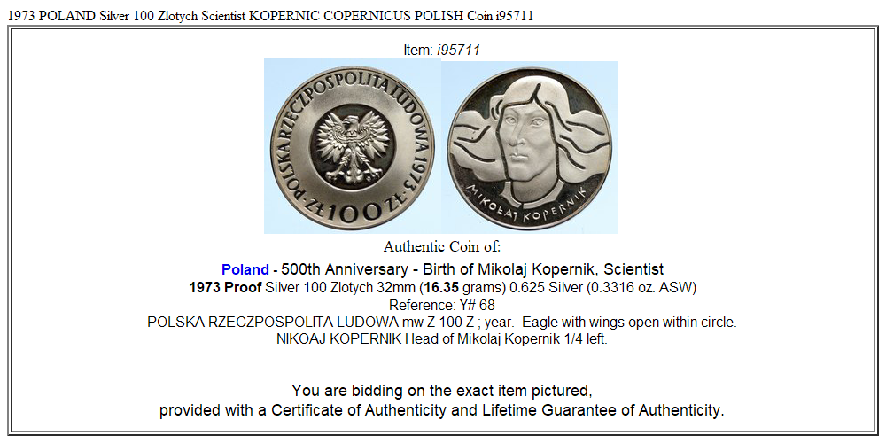 1973 POLAND Silver 100 Zlotych Scientist KOPERNIC COPERNICUS POLISH Coin i95711