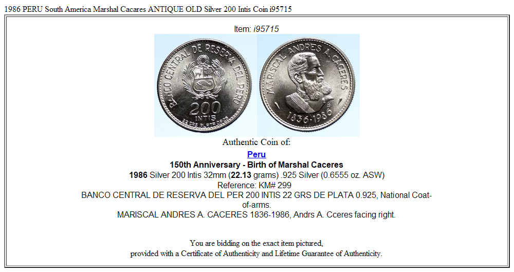 1986 PERU South America Marshal Cacares ANTIQUE OLD Silver 200 Intis Coin i95715