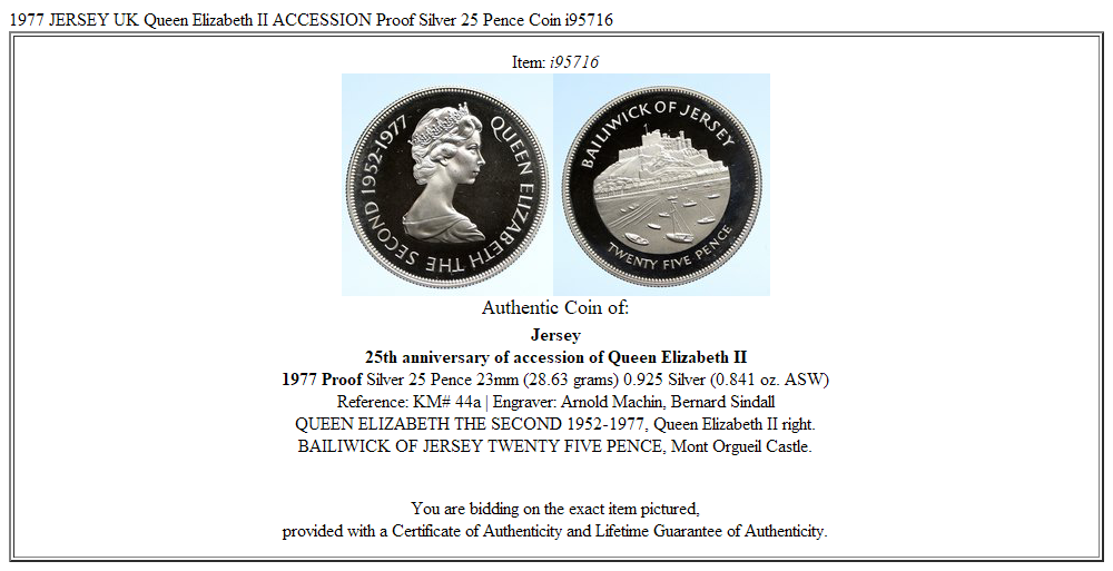 1977 JERSEY UK Queen Elizabeth II ACCESSION Proof Silver 25 Pence Coin i95716