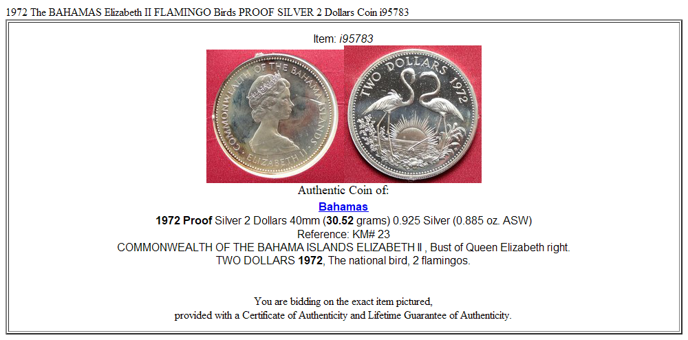 1972 The BAHAMAS Elizabeth II FLAMINGO Birds PROOF SILVER 2 Dollars Coin i95783