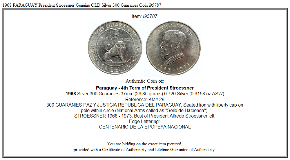 1968 PARAGUAY President Stroessner Genuine OLD Silver 300 Guaranies Coin i95787