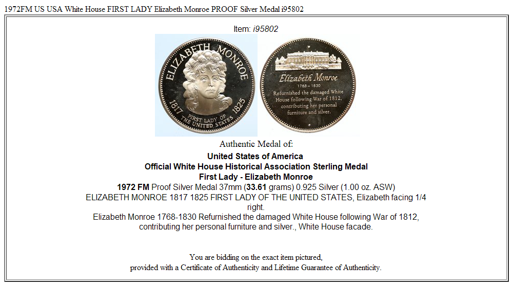 1972FM US USA White House FIRST LADY Elizabeth Monroe PROOF Silver Medal i95802