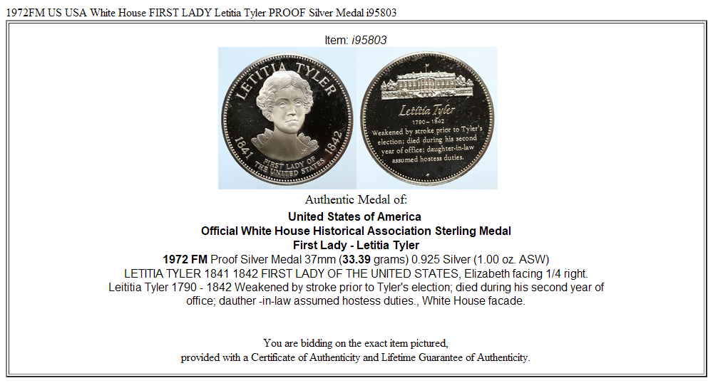 1972FM US USA White House FIRST LADY Letitia Tyler PROOF Silver Medal i95803