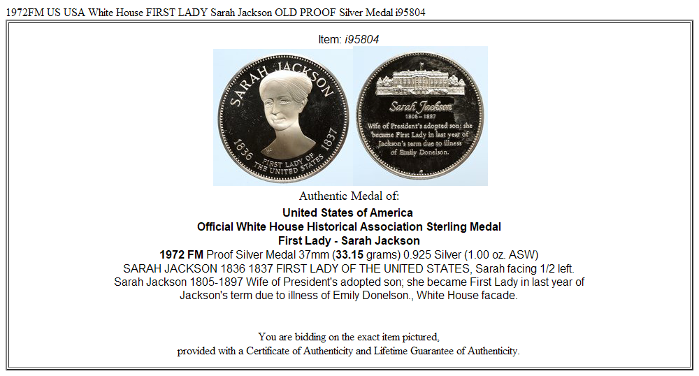 1972FM US USA White House FIRST LADY Sarah Jackson OLD PROOF Silver Medal i95804