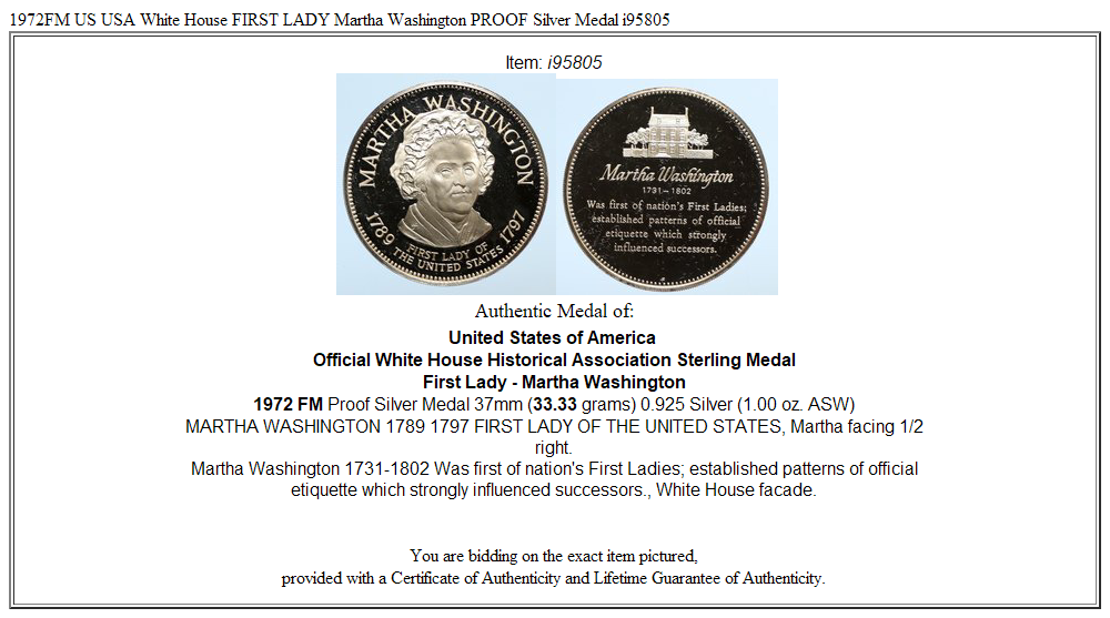 1972FM US USA White House FIRST LADY Martha Washington PROOF Silver Medal i95805