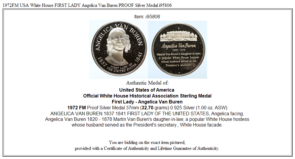 1972FM USA White House FIRST LADY Angelica Van Buren PROOF Silver Medal i95806