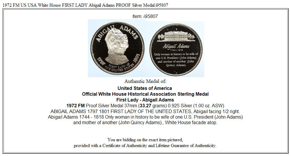 1972 FM US USA White House FIRST LADY Abigail Adams PROOF Silver Medal i95807