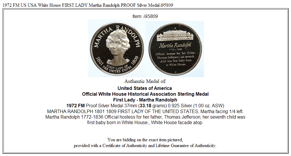 1972 FM US USA White House FIRST LADY Martha Randolph PROOF Silver Medal i95809