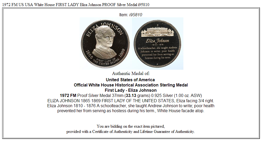 1972 FM US USA White House FIRST LADY Eliza Johnson PROOF Silver Medal i95810