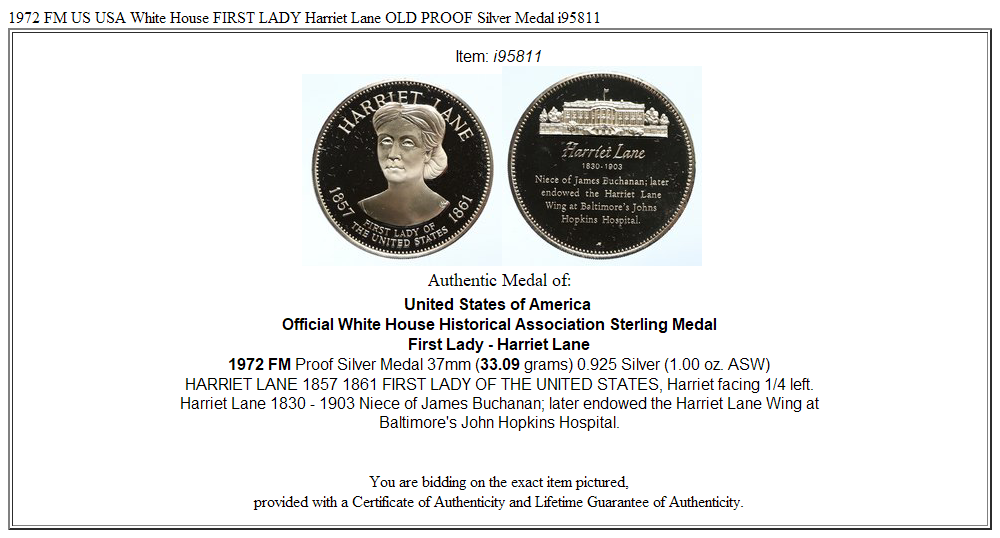 1972 FM US USA White House FIRST LADY Harriet Lane OLD PROOF Silver Medal i95811