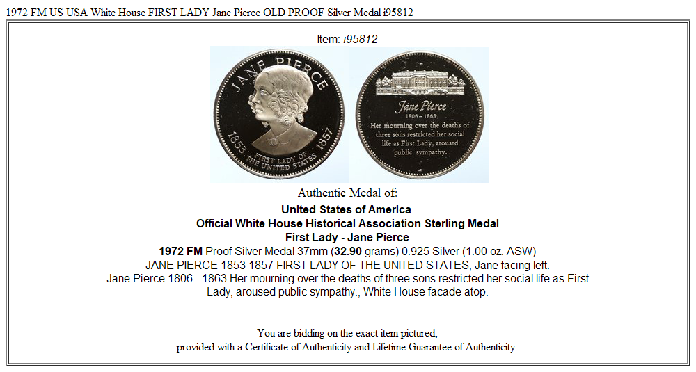 1972 FM US USA White House FIRST LADY Jane Pierce OLD PROOF Silver Medal i95812