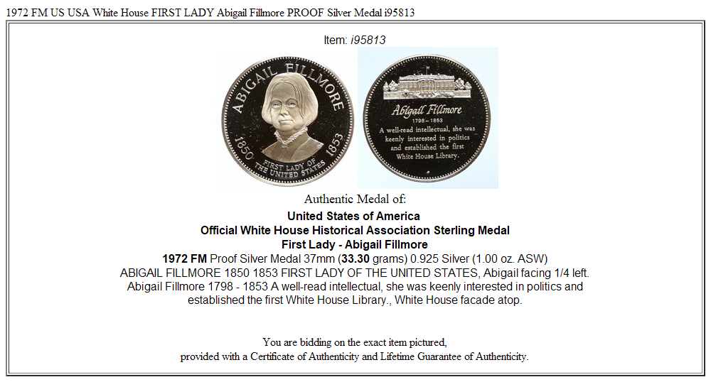 1972 FM US USA White House FIRST LADY Abigail Fillmore PROOF Silver Medal i95813