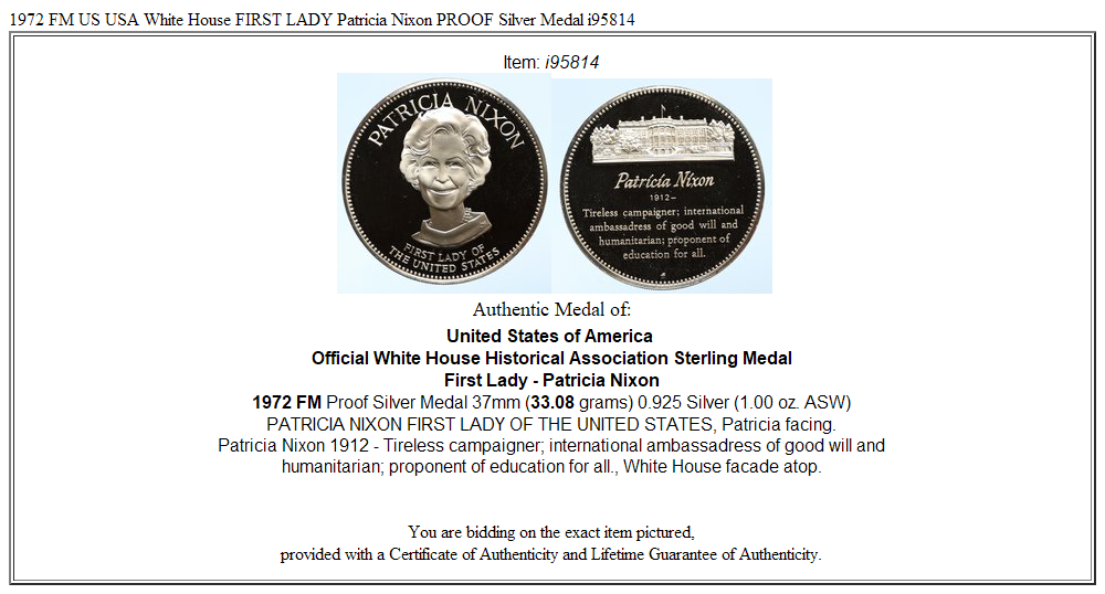 1972 FM US USA White House FIRST LADY Patricia Nixon PROOF Silver Medal i95814