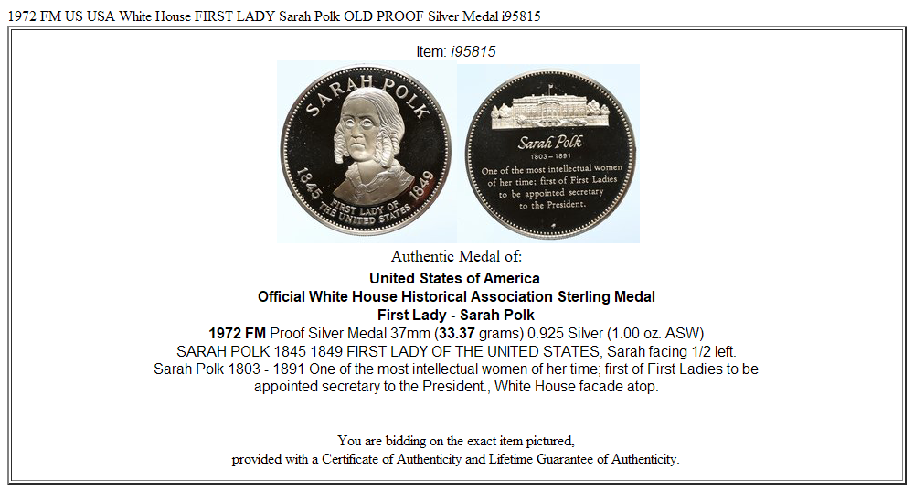 1972 FM US USA White House FIRST LADY Sarah Polk OLD PROOF Silver Medal i95815