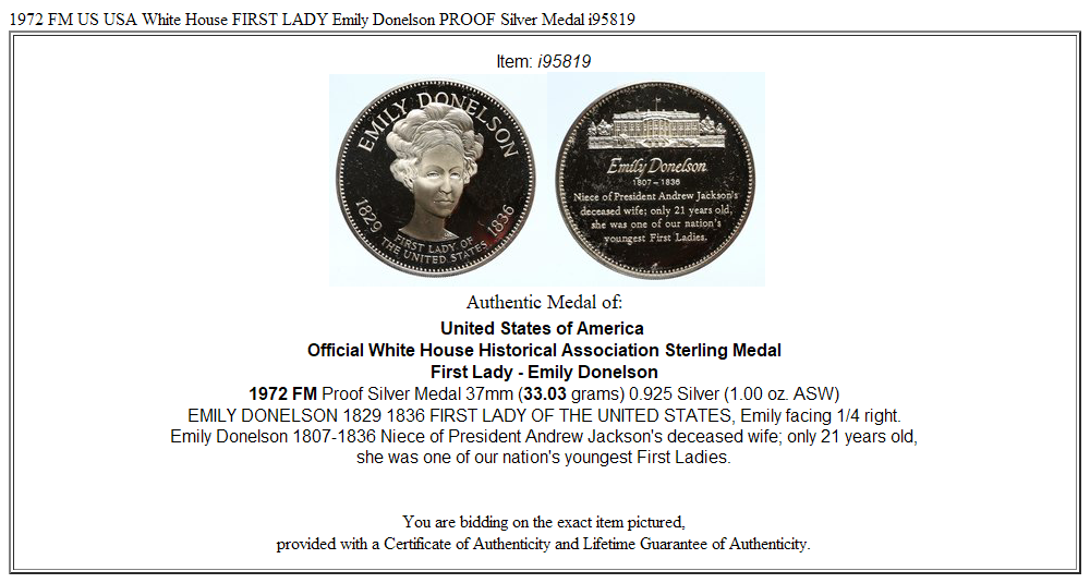 1972 FM US USA White House FIRST LADY Emily Donelson PROOF Silver Medal i95819