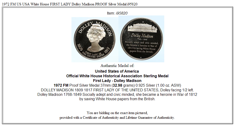 1972 FM US USA White House FIRST LADY Dolley Madison PROOF Silver Medal i95820