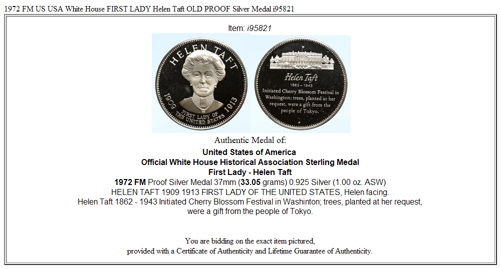 1972 FM US USA White House FIRST LADY Helen Taft OLD PROOF Silver Medal i95821