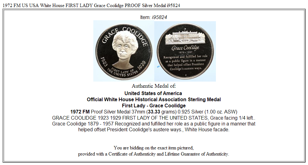 1972 FM US USA White House FIRST LADY Grace Coolidge PROOF Silver Medal i95824