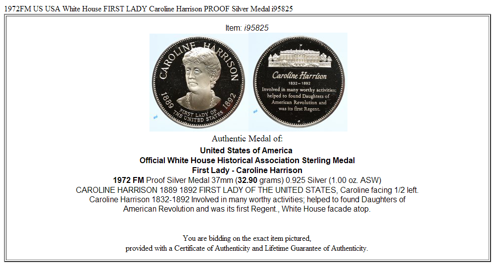 1972FM US USA White House FIRST LADY Caroline Harrison PROOF Silver Medal i95825