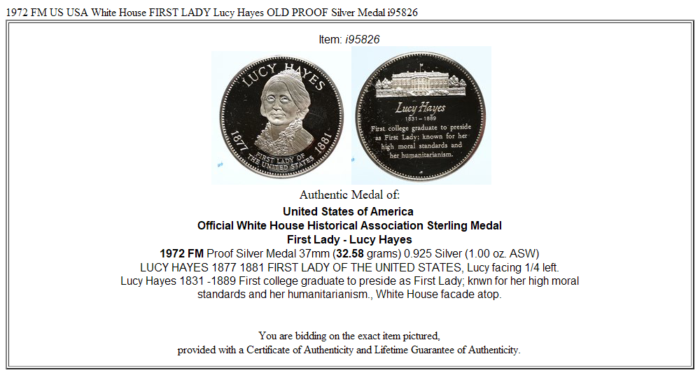 1972 FM US USA White House FIRST LADY Lucy Hayes OLD PROOF Silver Medal i95826