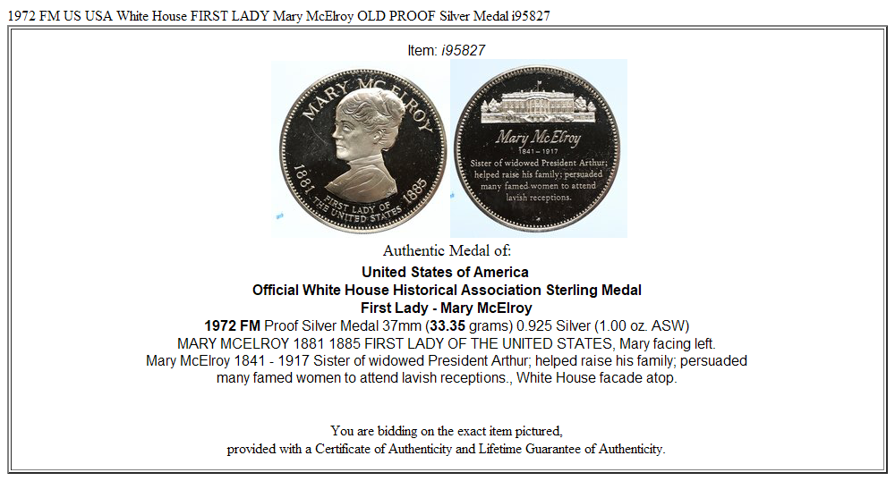 1972 FM US USA White House FIRST LADY Mary McElroy OLD PROOF Silver Medal i95827