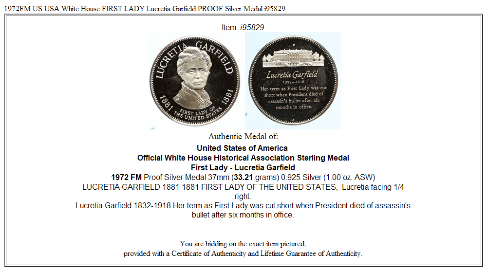 1972FM US USA White House FIRST LADY Lucretia Garfield PROOF Silver Medal i95829