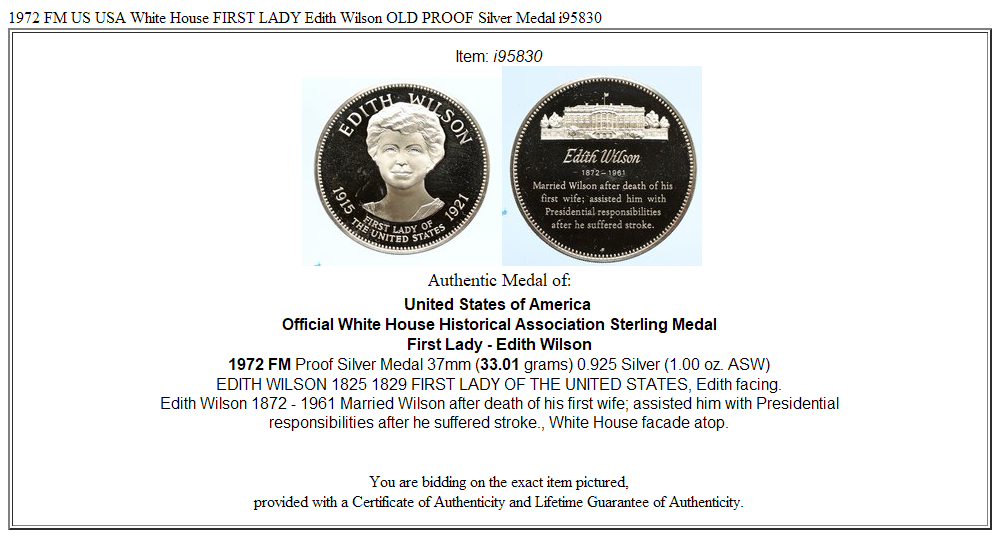 1972 FM US USA White House FIRST LADY Edith Wilson OLD PROOF Silver Medal i95830