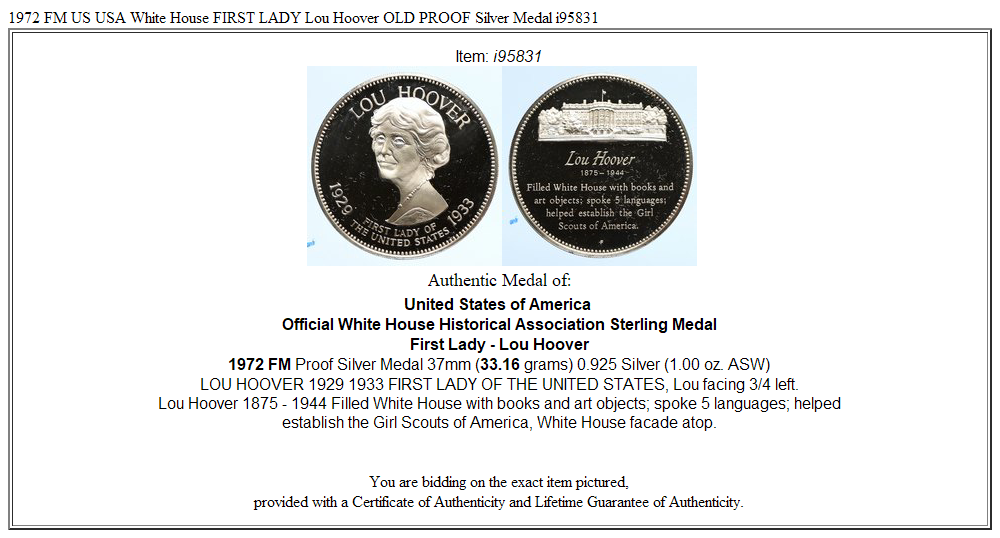 1972 FM US USA White House FIRST LADY Lou Hoover OLD PROOF Silver Medal i95831