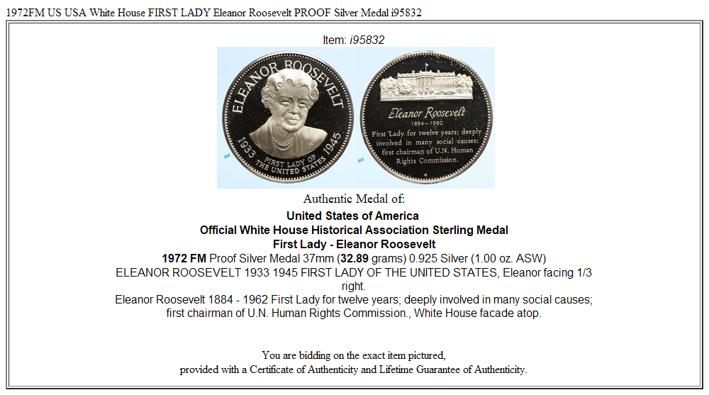 1972FM US USA White House FIRST LADY Eleanor Roosevelt PROOF Silver Medal i95832