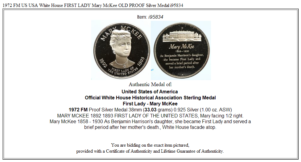 1972 FM US USA White House FIRST LADY Mary McKee OLD PROOF Silver Medal i95834