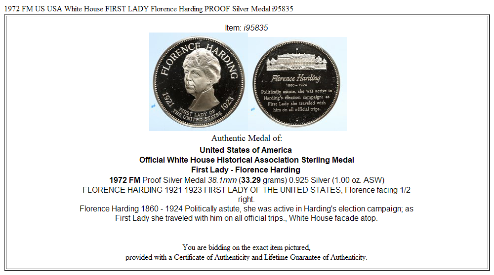 1972 FM US USA White House FIRST LADY Florence Harding PROOF Silver Medal i95835