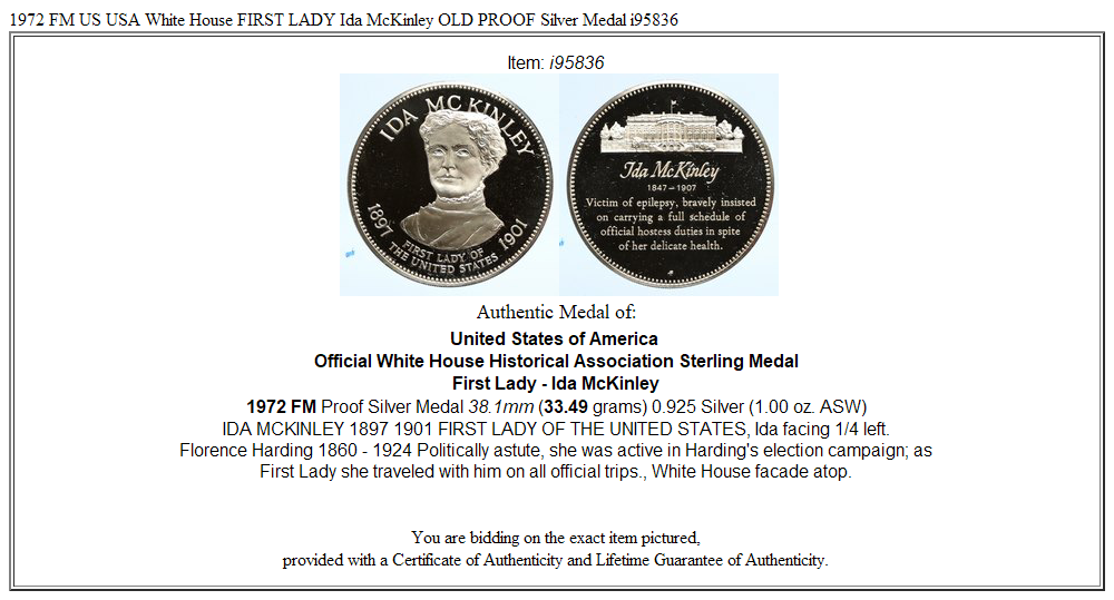 1972 FM US USA White House FIRST LADY Ida McKinley OLD PROOF Silver Medal i95836