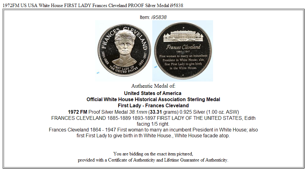 1972FM US USA White House FIRST LADY Frances Cleveland PROOF Silver Medal i95838