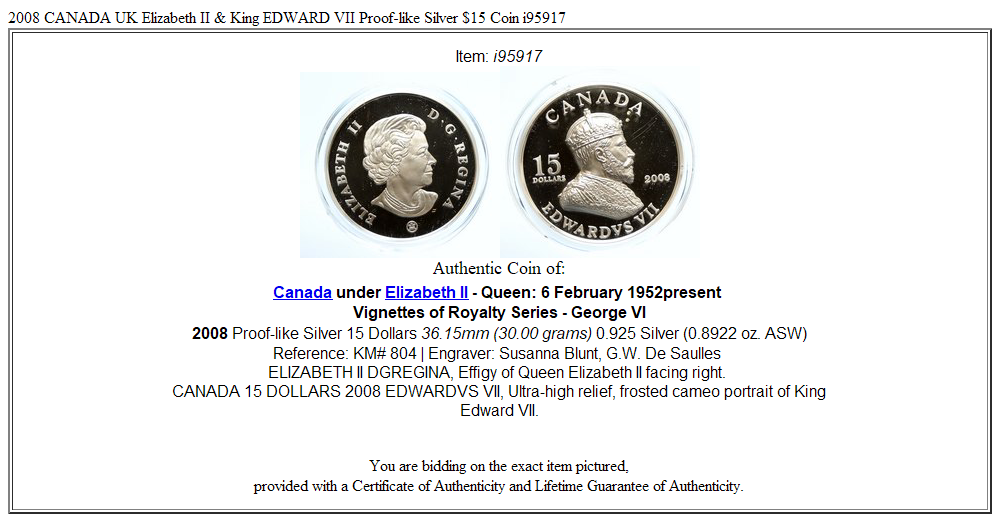 2008 CANADA UK Elizabeth II & King EDWARD VII Proof-like Silver $15 Coin i95917