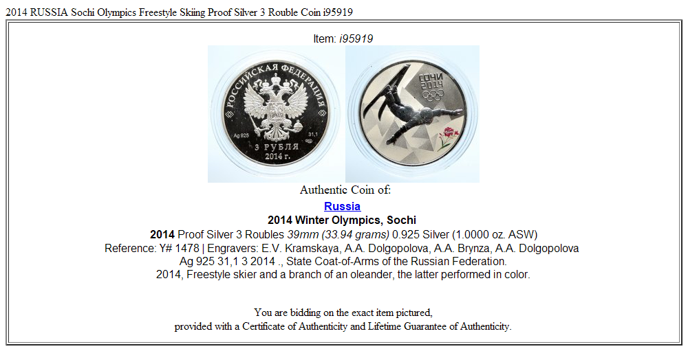 2014 RUSSIA Sochi Olympics Freestyle Skiing Proof Silver 3 Rouble Coin i95919