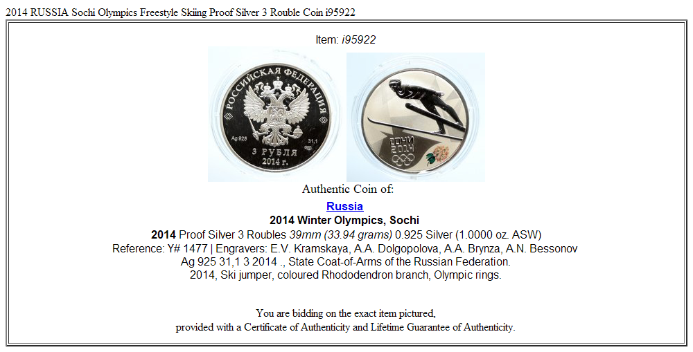 2014 RUSSIA Sochi Olympics Freestyle Skiing Proof Silver 3 Rouble Coin i95922