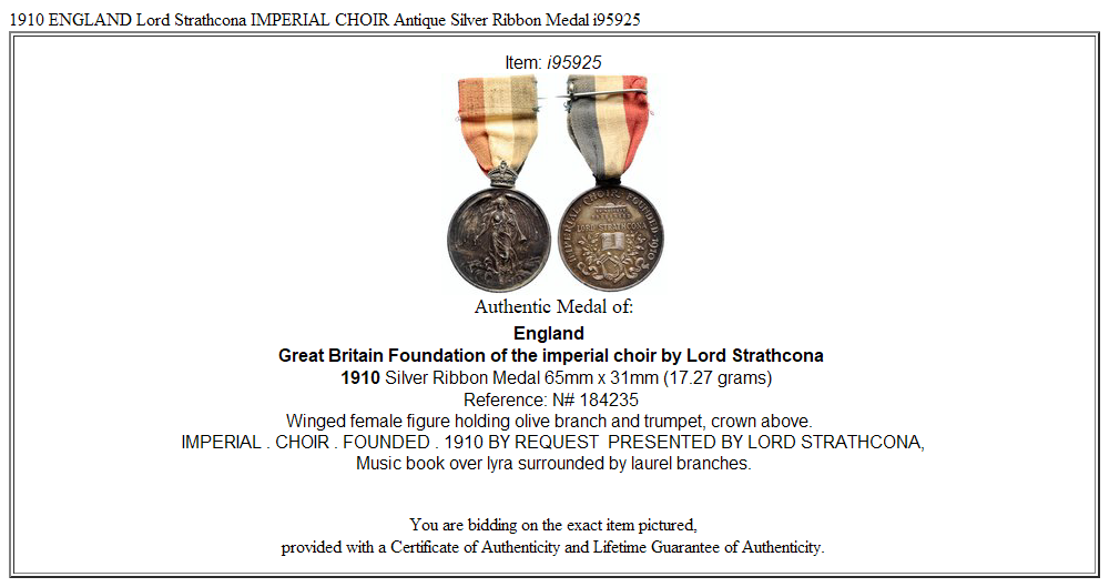 1910 ENGLAND Lord Strathcona IMPERIAL CHOIR Antique Silver Ribbon Medal i95925