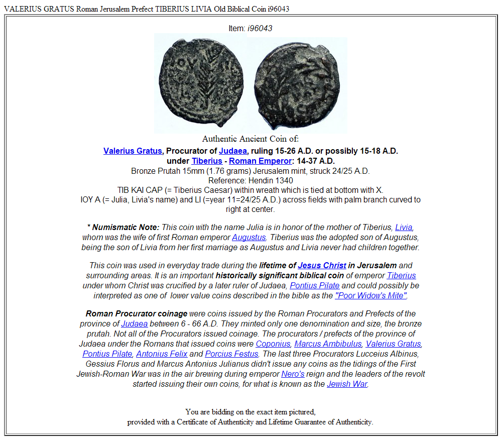 VALERIUS GRATUS Roman Jerusalem Prefect TIBERIUS LIVIA Old Biblical Coin i96043